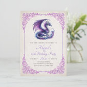 Invitation Fille anniversaire fantasy dragon violet rose (Debout devant)