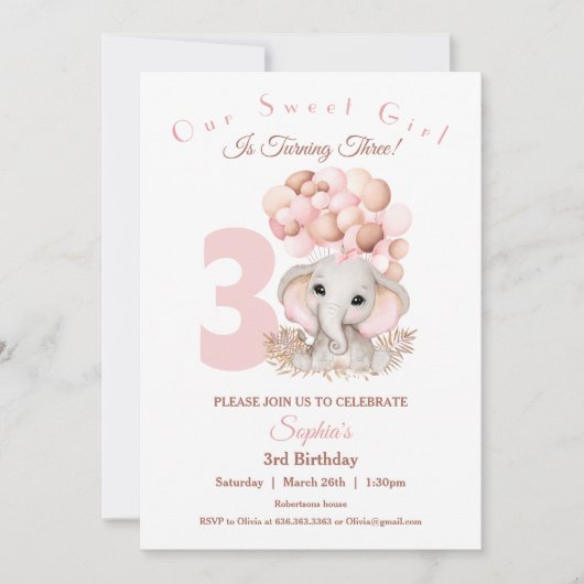 Invitation fille anniversaire mignon Eléphant rose (Devant)