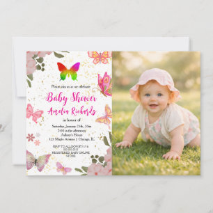 Invitation Fille anniversaire papillon élégant or rose violet