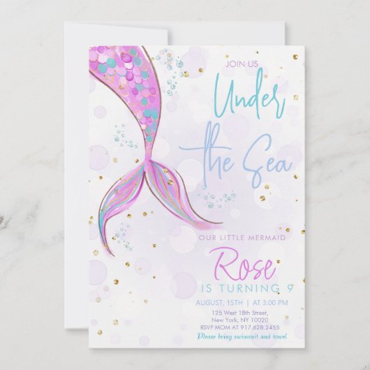 Invitation Fille Anniversaire Queue de Sirène Rose (Devant)
