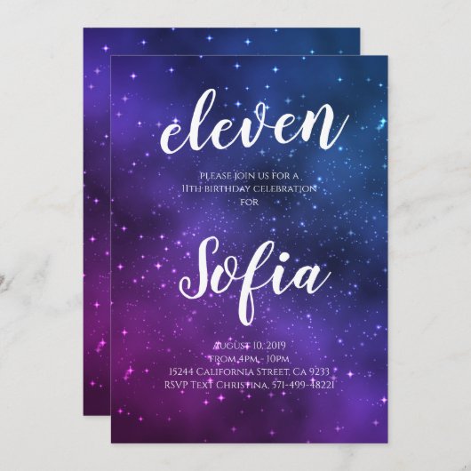 Invitation Fille Anniversaire Violet Étoiles Galaxy Universe (Devant / Derrière)
