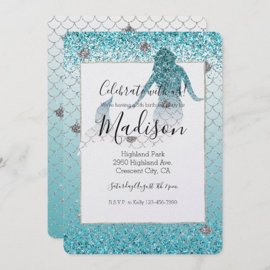 Invitation Fille Aqua Parties scintillant Argent Ombre Sparkl (Devant / Derrière)