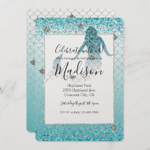 Invitation Fille Aqua Parties scintillant Argent Ombre Sparkl