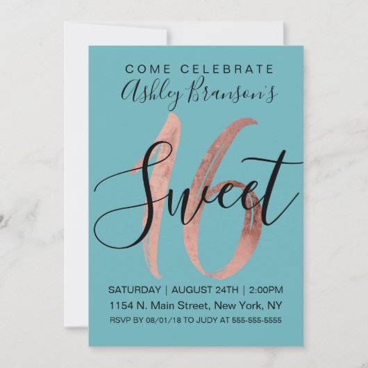 Invitation Fille Aquamarine Rose Gold Foil Sweet 16 (Devant)