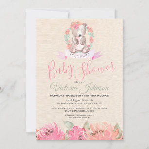 Invitation Fille Aquarelle Bébé Ours Bois Floral