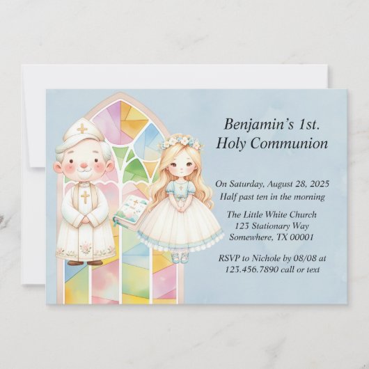 Invitation Fille aquarelle bleue 1ère communion (Devant)