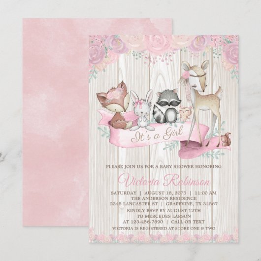 Invitation Fille Aquarelle Bois Animal Baby shower Floral (Devant / Derrière)