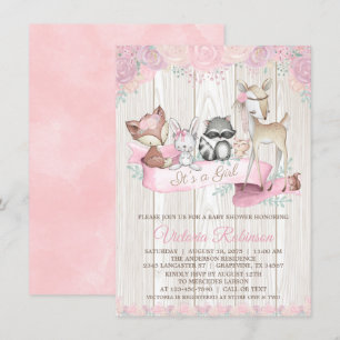 Invitation Fille Aquarelle Bois Animal Baby shower Floral
