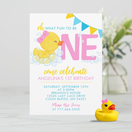Invitation Fille Aquarelle Caoutchouc 1er Anniversaire Fête