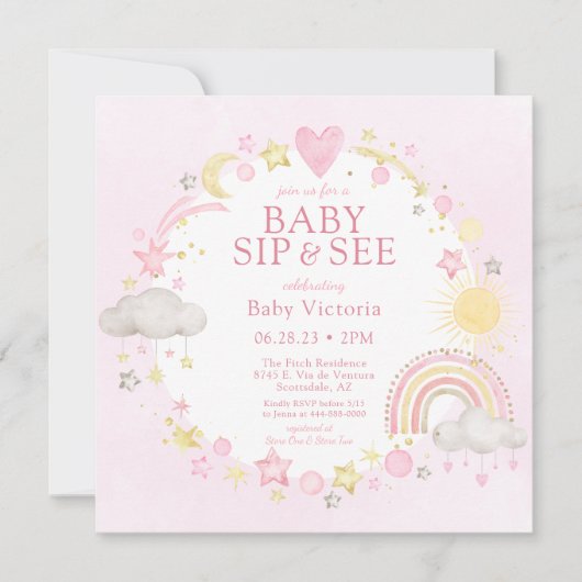 Invitation Fille Aquarelle Rainbow Baby Sip Et Voir (Devant)