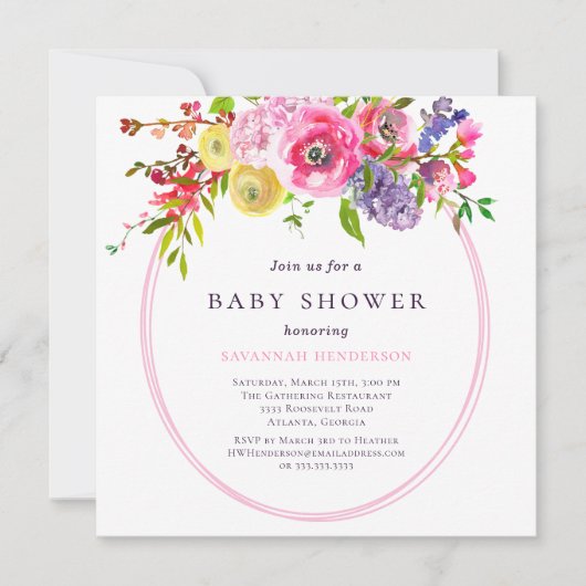 Invitation Fille Aquarelle rose Baby shower Floral (Devant)