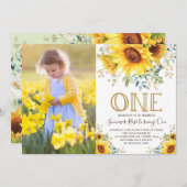 Invitation Fille Aquarelle Tournesol 1er Anniversaire Photo (Devant / Derrière)