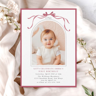 Invitation Fille arc de 1er anniversaire rose rougeoyant Phot