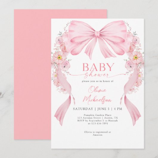 Invitation Fille Arc Floral Ribbon Bow Coquette Baby shower (Devant / Derrière)