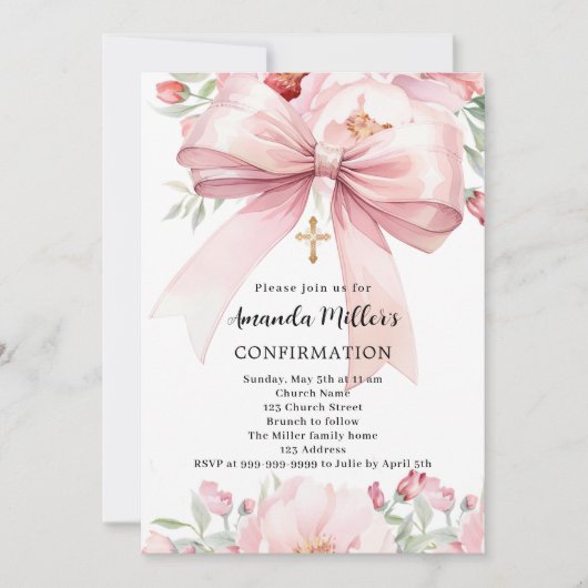 Invitation Fille arc rose fille Confirmation (Devant)
