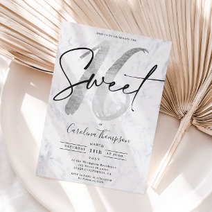 Invitation Fille argent bordure en marbre photo Sweet 16
