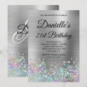 Invitation Fille Argent Holo Parties scintillant Fancy Monogr (Devant / Derrière)