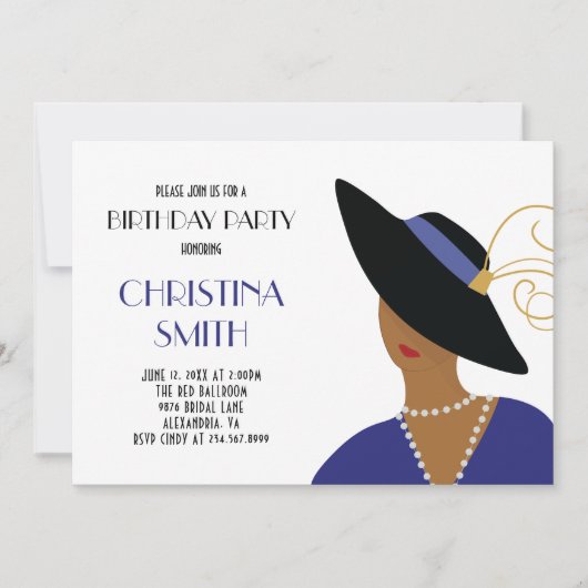 Invitation Fille Art Déco en Casquette noir fête d'anniversai (Devant)