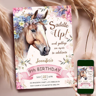 Invitation Fille au Cheval 9ème Anniversaire Fleurs Roses Sel