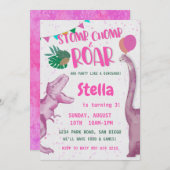Invitation Fille au dinosaure rose  (Devant / Derrière)