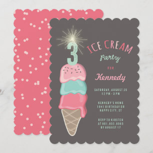 Invitation Fille au gâteau d'anniversaire 3 ans glace à la me