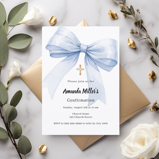 Invitation Fille au nœud bleu clair Confirmation