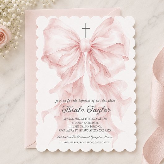 Invitation Fille au nœud rose Baptême