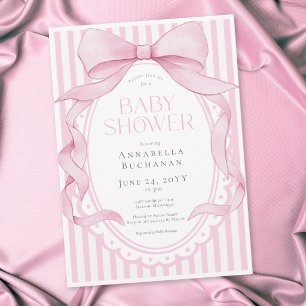 Invitation Fille au Nœud Rose Coquette Rayée Baby Shower