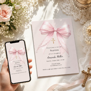Invitation Fille au nœud rose perles champagne Baptême