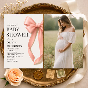 Invitation Fille au nœud rose Photo Baby Shower