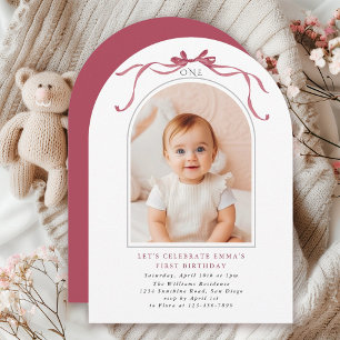 Invitation Fille au Nœud Rose Rouge Profond 1er Anniversaire