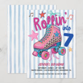 Invitation Fille au roller rétro 7ème anniversaire Allons rou (Devant / Derrière)