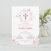 Invitation Fille au ruban rose pour première communion (Debout devant)
