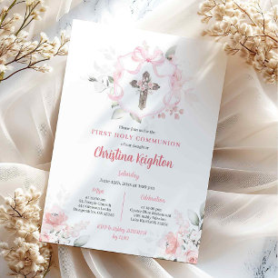 Invitation Fille au ruban rose pour première communion