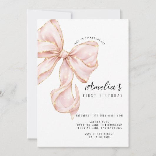 Invitation Fille au Ruban Rose Premier Anniversaire  (Devant)