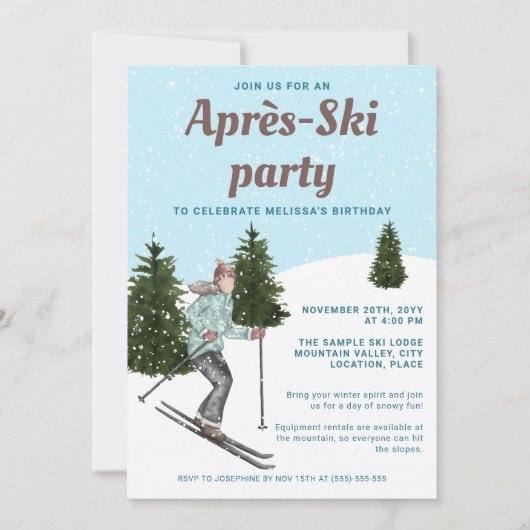 Invitation Fille au ski à l'aquarelle Fête d'anniversaire d'a (Devant)
