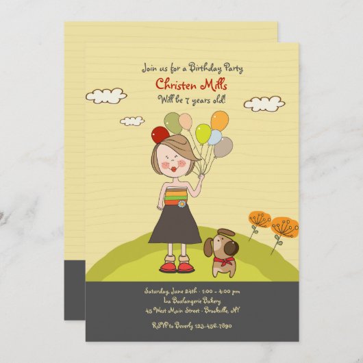 Invitation Fille aux Ballons (Devant / Derrière)