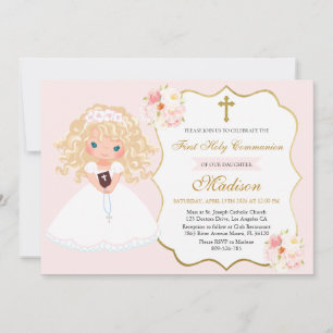 Invitation Fille aux cheveux bouclés Première Communion Flora