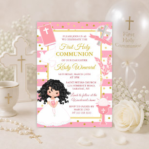 Invitation Fille aux cheveux noirs avec rayure rose Première