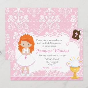 Invitation Fille aux cheveux roux Première communion Damassé