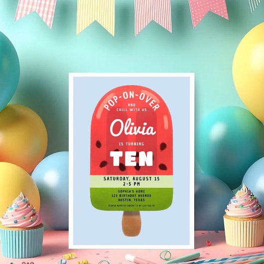 Invitation Fille aux Popsicles de Melon Mignon pour son 10ème