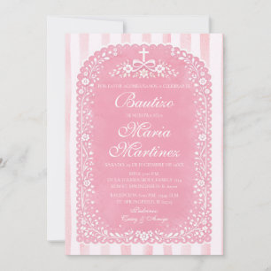 Invitation Fille aux rayures roses espagnol Bautizo Papel Pic