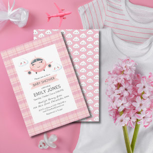Invitation Fille Avion Nuages Mignon Baby Shower Rose Gris