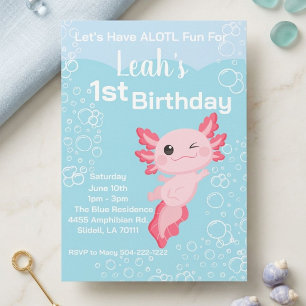 Invitation Fille Axolotl Rose 1ère Fête d'Anniversaire