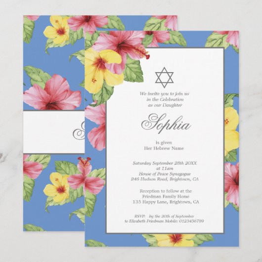 Invitation Fille Baby Naming Blue Hébreu Floral Blue (Devant / Derrière)