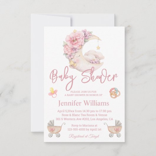 Invitation fille baby shower aquarelle florale lune rose (Devant)