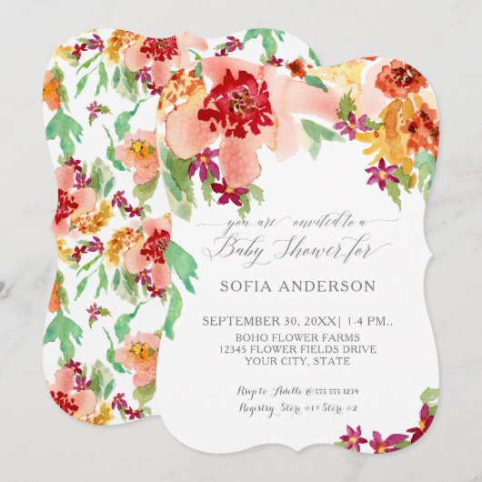 Invitation Fille Baby shower Aquarelle moderne Automne Floral (Devant / Derrière)