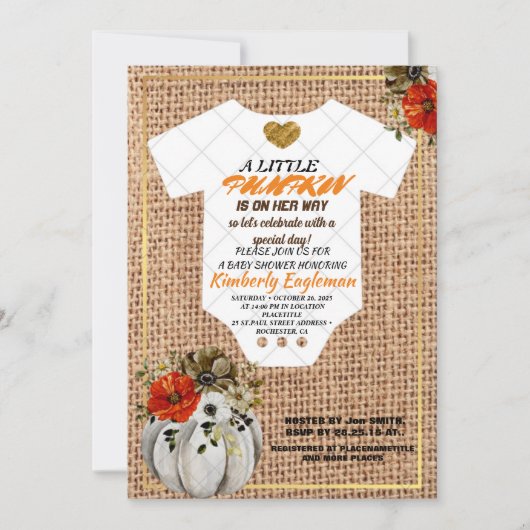 Invitation Fille Baby shower Automne Citrouille Rustique Burl (Devant)