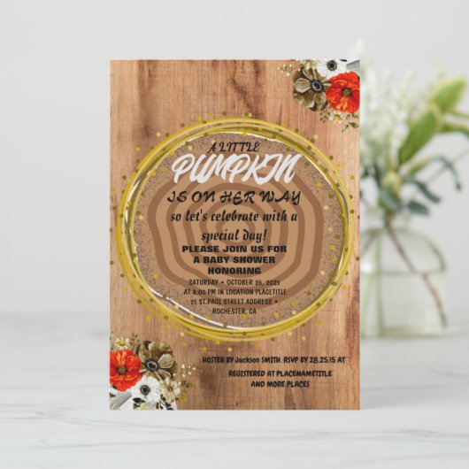 Invitation Fille Baby shower Automne Citrouille Rustique Burl (Debout devant)