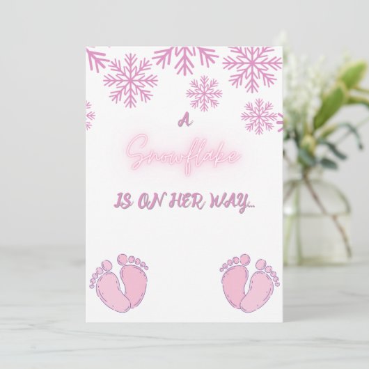 Invitation Fille Baby shower avec des flocons de neige roses (Debout devant)
